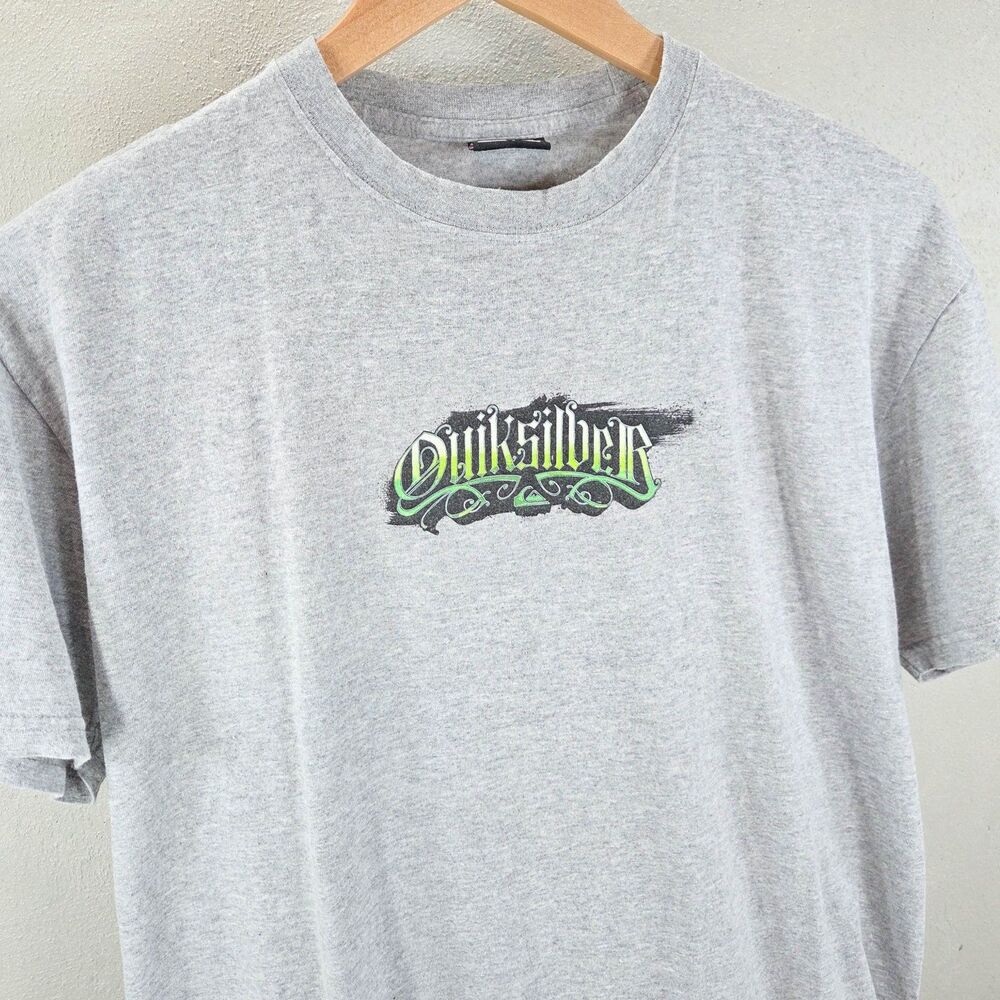 Vintage Y2K Quiksilver Gray Green Gothic Spellout Surf Skate T Shirt Sz L